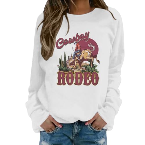 Generisch Maglietta western da donna, felpa oversize, felpa selvaggia, maglietta grafica, a maniche lunghe, maglione invernale da donna, bianco, L