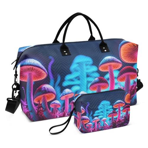 Large Travel Duffel Bag, Mushroom Colorful Sports Tote Gym Bag, Shoulder Weekender Overnight Bag for Women Men, Carry On Luggage with Toiletry Bags