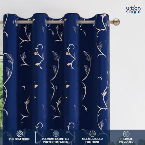 Image of Urban Space 80-85% True Blackout Curtains for Window, Gold Foil Printed Blackout Curtains, Decorative Window Curtain Eyelet with Tieback, 1 Piece Curtain for Living Room(Floral Vine N Blue, 5 Feet)