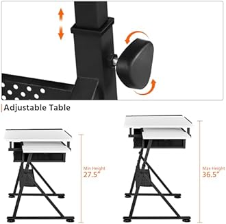 Yaheetech Height Adjustable White Art Desk for Adults, Tilting Tabletop Drafting Drawing Table with Extra Large Desktop and Drawers, Foldable Stand up Craft Painting Table and Chair Set with Stools