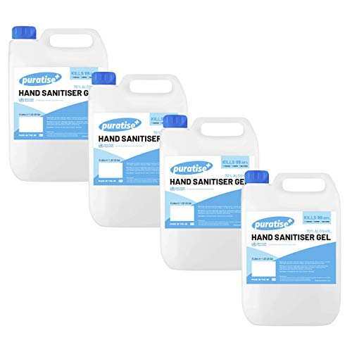 Hand Sanitiser Gel 5l x4 PURATISE Antibacterial Hand Gel - 70% Alcohol Gel Hand Sanitiser Kills 99.99% of Germs & Bacteria - MADE IN THE UK Melbec Microbiology Approved BSEN 1276:2019 & BSEN1500:2013