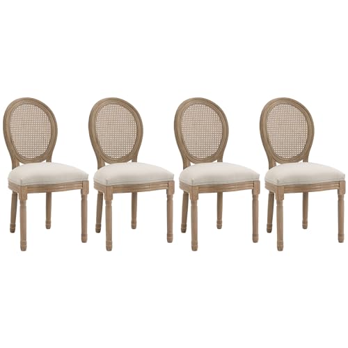 HOMCOM Ensemble de 4 chaises de Salle à Manger - Chaise de Salon à médaillon Style Louis XVI - Bois Massif sculpté et patiné - Aspect Lin Beige