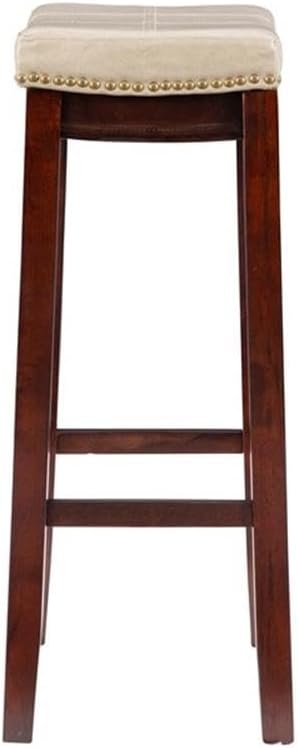 Riverbay Furniture 32" Transitional Wood Bar Stool, Beige Faux Leather Upholstery, Dark Brown Frame, Antiqued Brass Nailhead Trim, 275 lb Weight Limit, Bar Height Seating for Kitchen or Home Bar