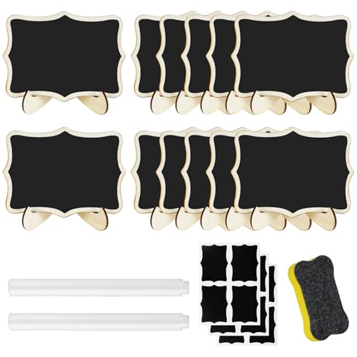 AUAUY 12 Stück Mini Kreidetafel Klein mit Ständer Löschbar Memotafel mit 2 Wasserlösliche Stifte 12 kleine PVC-Papiere Tischkreidetafel Karten für Buffet Hochzeit