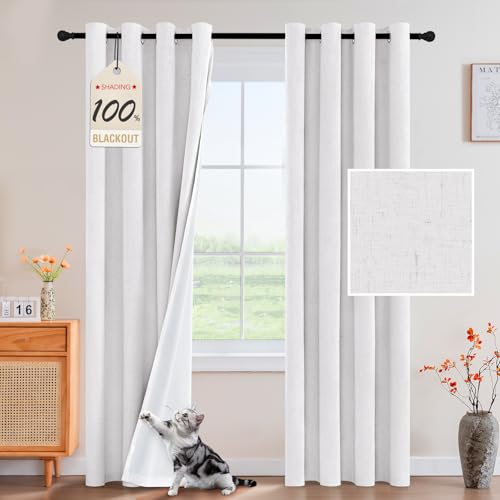 Image of PrinceDeco Blackout Curtains Linen Blended 96 Inch Long Room Darkening Black Out Curtains for Living Room with Natural Slubs & Grayish (Not Solid) Thermal Insulated Grommet 2 Panels - Heathered White
