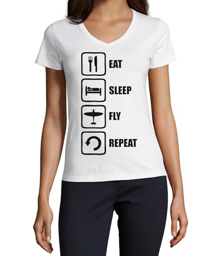 T-shirt femme col en V blanc imprimé avion en coton haut de gamme coupe ajustée