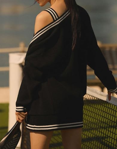 Image of Women's Oversized Knit Cardigan Sweaters Button Down Stripes Trim Cardigan Tops Casual Outerwear with Pocket Black