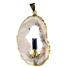 Gold Electroformed Occo Agate Geode Slice Druzy Pendant Necklace Tourmaline Accent and 24" Chain
