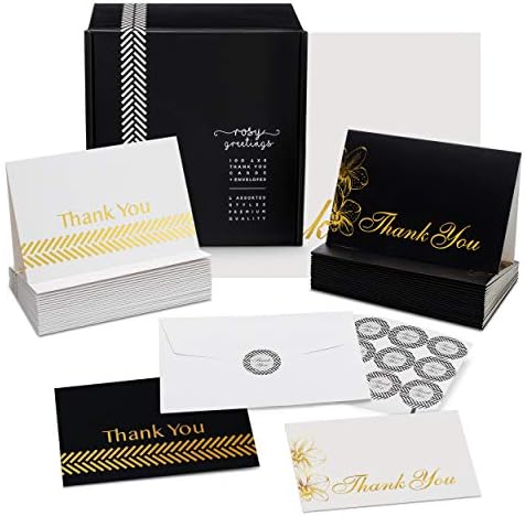 Thank You Cards Bulk Set - 100 4x6 Thank You Notes, Envelopes & Stickers, 4 Gorgeous Designs (25 of Each) Black & Gold, White & Gold, Great for Any Occasion, Wedding, Bridal & Baby Shower Graduation