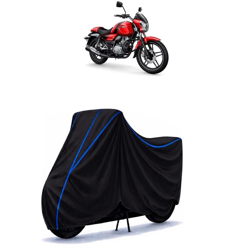 Image of Bajaj V15 Bike Cover Water Resistant Universal Motorcycle Rain | Heavy Duty UV Protection, Dust, Scratch Indoor Outdoor All Weather with Black Blue Piping Elastic