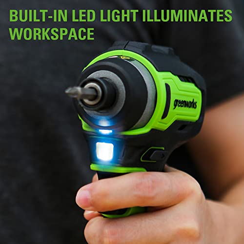 Greenworks 24V Brushless Cordless Impact Driver Kit, 1950 In./Lbs Torque, 1/4'' Hex Collet, Variable Speed, 2×2Ah Batteries With 2A Charger, Led Light, 8Pcs Drill/Driver Bits With Tool Bag #TOP4