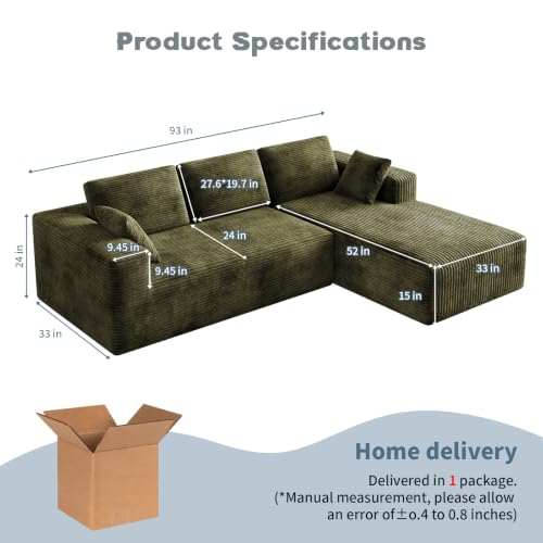 Image of 93 inch L-Shaped Modular Sectional Sofa with Chaise, Boneless Corduroy Cloud Couch with Deep Seat and Oversized Comfort, Flexible Module Combination for Living Room, No Assembly Required