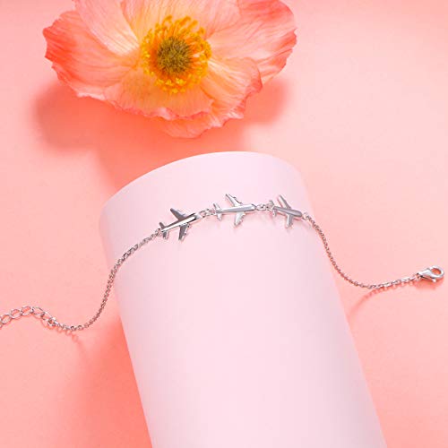 FLYOW Three Airplane Bracelet Hypoallergenic Charm Bracelets Silver for Women Lady Adjustable 7+2 Inches Graduation Birthday Gifts3
