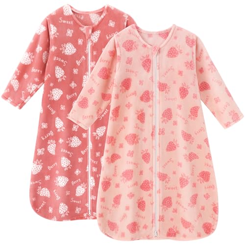Image of Unnivoll Fleece Baby Sleep Sack 0-6 Months Long Sleeve 2.0 Tog Baby Wearable Blanket with 2-Way Zipper Warm Sleeping Sack for Toddler Infant Newborn - Small Pink Strawberry
