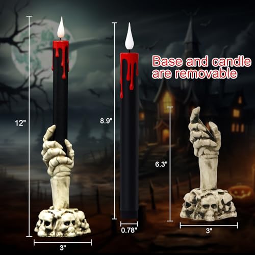 Image of GenSwin Halloween Black Taper Flameless Candles with Ghost Hand Candlesticks and Remote Timer, 2 Pcs Battery Operated Taper Candles with Holder and 3D Flame for Halloween Decor