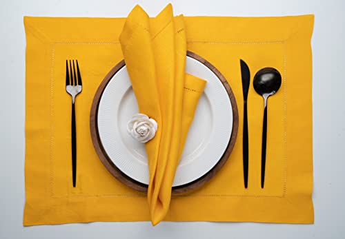 D'moksha Sunflower Yellow Cloth Napkins 20 X 20 Inch Set Of 4, 100% Pure Linen Napkins, Hemstitch Dinner Napkin, Fall Cloth Napkins, Perfect For Party, Thanksgiving, Easy Care Machine Washable #TOP1