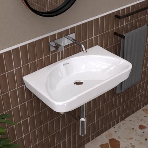 Image of Artiva Wall Mount Ceramic Wash Basin /Wash Basin For Bathroom /Glossy Finish Wall Hung Washbasin /Modern Bathroom Sink (Arch, 12 x 18 x 5 Inch)