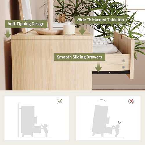 Garvee 5 Drawer Dresser, 32 Inch Tall Mid Century Modern Dresser Drawers, Waveform Fluted Side Table, Wood Drawer Organizer for Bedroom Living Room, Hallway, Natural Oak