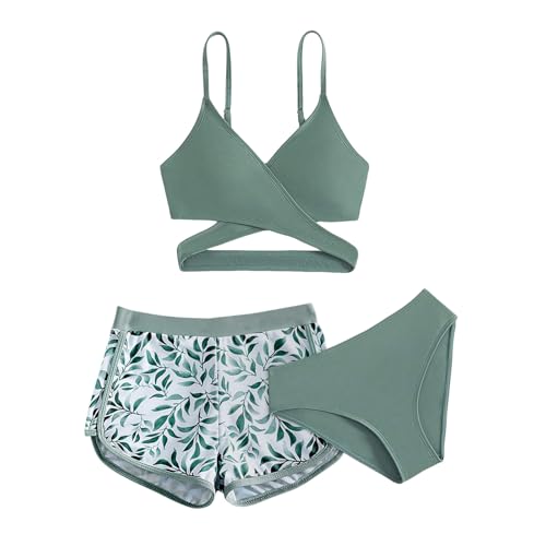 Girls' 3 Piece Swimsuit Tropical Print Cute Bikini High Waisted Bathing Suit with Cover Ups Shorts Swimwear 3-12Y