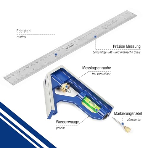WORKPRO Kombinationswinkel 300mm, Anschlagwinkel Universalwinkel mit Wasserwaage und Anreissnadel, Einstellbar Winkelmesser aus Edelstahl 90/45 Grad Messwerkzeug mit Zinklegierungsgriff