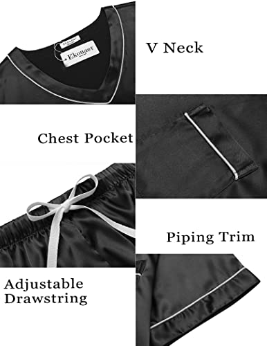 Ekouaer Satin Pajama For Women Silky Short Sleeve Pj Sets Loose V Neck 2 Piece Loungewear Outdoor Lounge Sets Black Small #TOP6