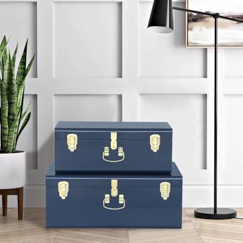 Vixdonos Decorative Large Metal Box Storage Trunk Chest Set of 2 College Dorm Organizer with Hardware Hasps and Handle for Home Deocr,23.7X14.2X9.5 Inches,Dark Blue by Vixdonos - Image 4