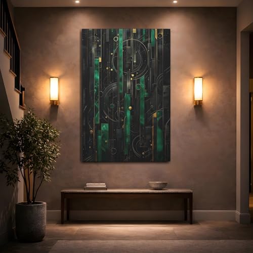 Tableau géométrique émeraude or 30x45 cm vertical pour décoration murale