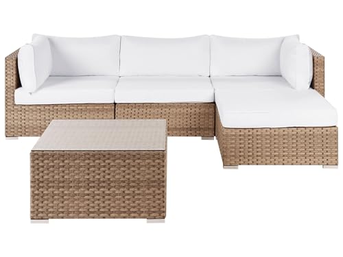Ensemble de Jardin en Rotin Synthétique 4 Places Modulable Angle à Gauche avec Table Basse et Coussins Blancs Sano II