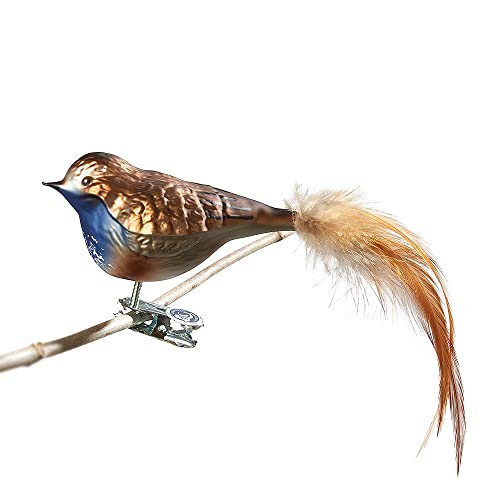 Birds of Glass® Glas-Vogel, Blaukehlchen mit Naturfeder | Glasschmuck...