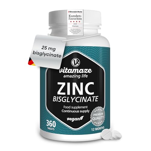 Zinc Tablets High Strength - 1 Year Supply - Versatile Supplement for General Health - 25 mg Zinc Bisglycinate per Tablet - Zinc Without Additives -Made in Germany