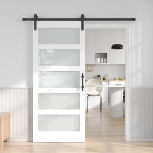 Image of Fredbeck White Glass Barn Doors 34x84 with Hardware,5 Panles Frosted Glass
