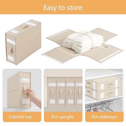 2er-Pack Faltbare Bettlaken Organizer mit klarem Fenster und verbessertem Griff, Beige Leinen Schrankaufbewahrung Aufbewahrungstasche für Bettwäsche und Bettbezug - King- und Queen-Size Betten