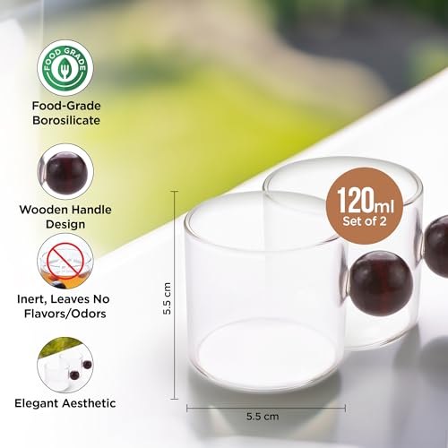 Image of UMAI Borosilicate Glass Coffee Mug with Wooden Handle | Tea Cups Set of 2 (120ml Each) | High Heat Resistance | Microwave and Dishwasher Safe | Ideal Gifts for Friends /Family /Couples (Transparent)