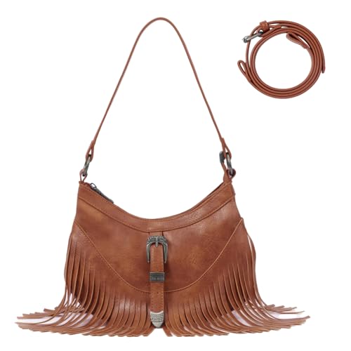 Sunwel Fashion Pequena bolsa de ombro hipppie com franjas ocidentais para mulheres, PU marrom escuro, Small