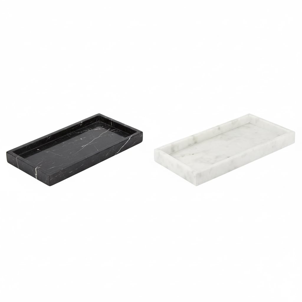 DECORAGE Set of 2 Rectangular Premium Marble Vanity Tray for Kitchen, Bathroom, Dining, Home Decor | Organizer Trays with Raised Edges | Elegant Multipurpose Platters | 7x14 inch | Black and White
