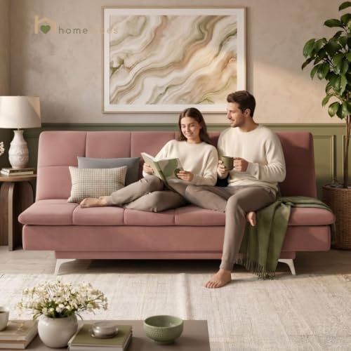 Image of Velum 3 Seater Sofa for Living Room & Office | Premium Fabric Upholstery | Solid Wood Frame | Comfortable Seating | 3 Years Warranty (Blush Pink, Sofa Cum Bed)