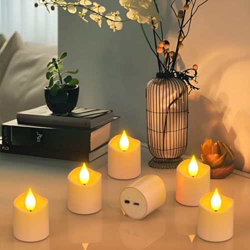 Image of Yme Rechargeable Votive Candles Battery Operated with Remote & Timer | Flickering Flameless LED Tea Lights with USB-C Charging Base, for Home Lantern Table Emergency Halloween Party Decor, 6PCS