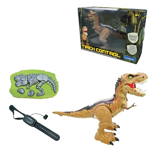 Lexibook - Control de tiranosaurio RC, Dinosaurio Realista, Movimientos articulados, Rugidos, Escupir Humo, Efectos de luz, Recargable, Fósil y mandos a Distancia de Mano incluidos, DINO02LXB