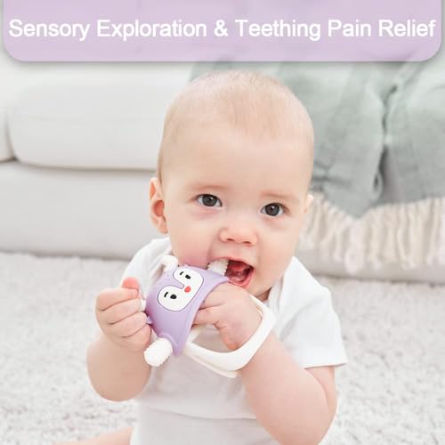 Image of Reindeer Organic Baby Toys 0-6Months, Mitten for 3-6Months, Easy to Hold Stem with Chewing Nubs for Teething Pain Relief for 6-12Months Babies, (Light Purple)