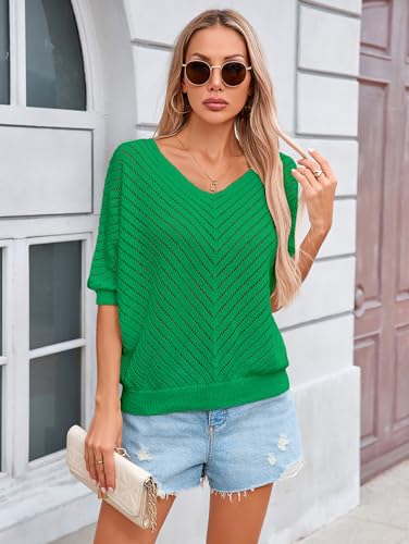 Image of Libsorge Womens Sexy V Neck 3 /4 Sleeve Sweater Spring 2025 Trendy Dressy Casual Outfits Lightweight Crochet Knit Pullover Top