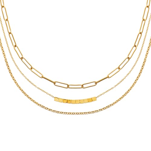 Chaine dorée et collier en acier inoxydable doré 3 rangs : bijou femme tendance mode