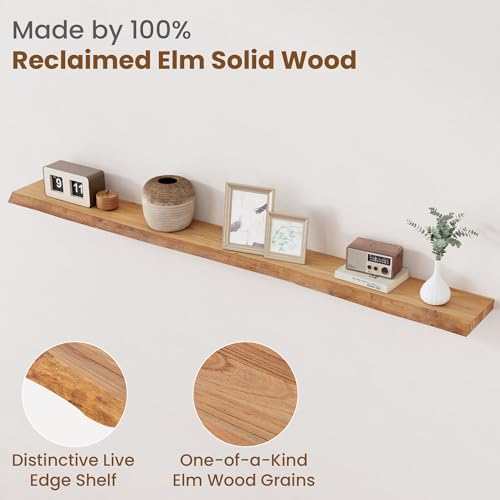 Image of Floating Shelves for Wall Decor, Rustic Solid Elm Wood Live Edge Floating Shelves Wall Mounted, Wall Shelves with Invisible Bracket for Living Room Bathroom Bedroom Kitchen, 72 Inch, Natural