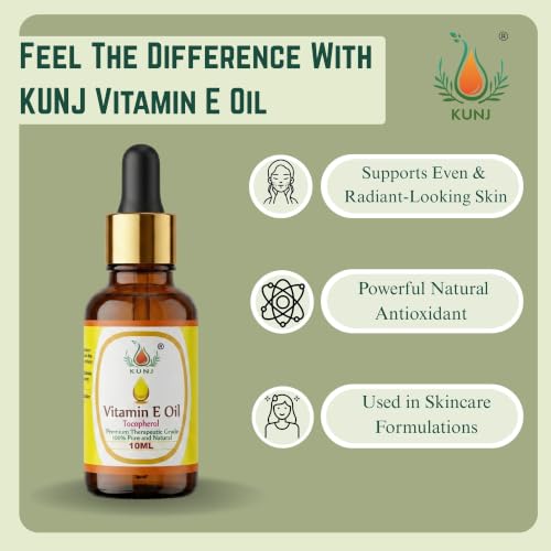 Image of KUNJ Vitamin E Oil 10ml - 100% Pure & Natural | Vitamin E Oil for Face, Skin Glow, Hair & Nail Care | Lightweight Non-Sticky Oil for Moisturizing & DIY Beauty Blends