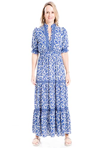 Max Studio Women s Elbow Length Sleeve Print Tiered Maxi Dress, Blue Black Ditsy Orchid, Large