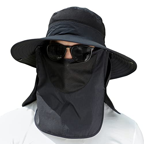 Image of UPF 50+ Sun Fishing Hat for Men Women Wide Brim Hat with Detachable Face Cover & Neck Flap