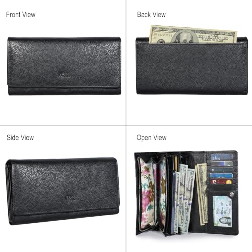 Image of Women's Top Grain Leather Wallet, RFID Blocking Bifold clutch, 17 Card Slots, Zip Pocket Organizer, Elegant Gift for Women - Birthday, Valentine, Anniversary - SILKY BLACK