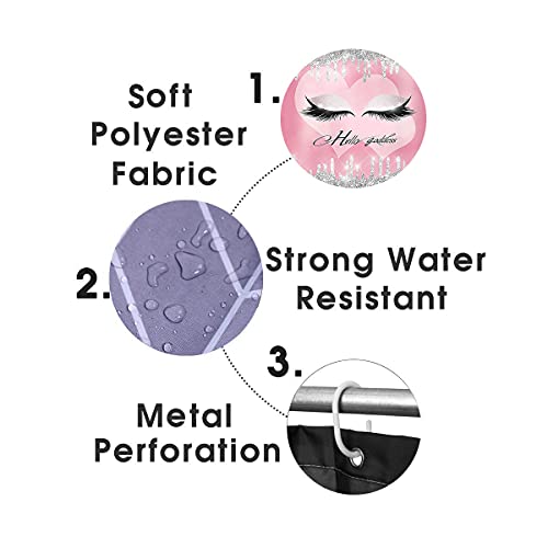 Fashion_Man Olebety 4Pcs/Set Pretty Black Long Eyelash Shower Curtain, Luxury Sparkle Shining Diamond Silver Eyeshadow Makeup Pink Heart Lovely Girl Bathroom Decor, Non-Slip Bath Mat, Hello Goddess #TOP6