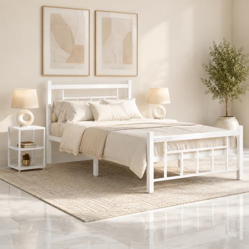 Image of Single Size Metal Bed Frame | SingleMetal Bed for Adults | Heavy Duty Iron Bed | Steel Bed Single | Single Metal Cot | Platform Bed | White MetalBed | Strong Steel Slats | No Box Spring Needed