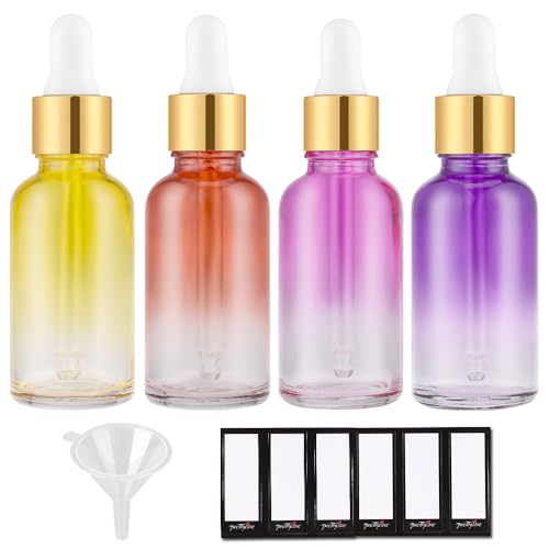 Image of PrettyCare 4 Pack 1oz Dropper Bottle for Essential Oils, 30 ml Rainbow Glass Leak Proof Essential Oils Bottles with Labels, Funnel & Pipettes- Empty Tincture Bottles for Personal Care & Beauty