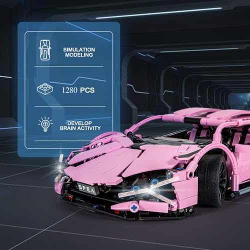 Image of 1:18 Scale Racing Car Building Block Set - Pull Back DIY Assembly Supercar Model | Compatible Bricks Toy for Kids, Adults, Collectors & Racing Car Lovers (Yellow Lamborghini) (Pink)